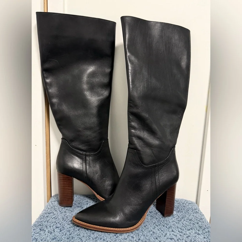 Sleek Black Leather Heeled Boots Vince Camuto Eckina Knee High Boot size 8 - Picture 2 of 7